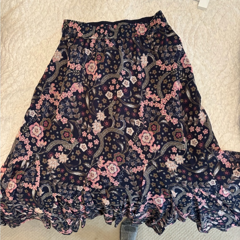 LOFT Navy Skirt with Pink Floral & Olive Accents